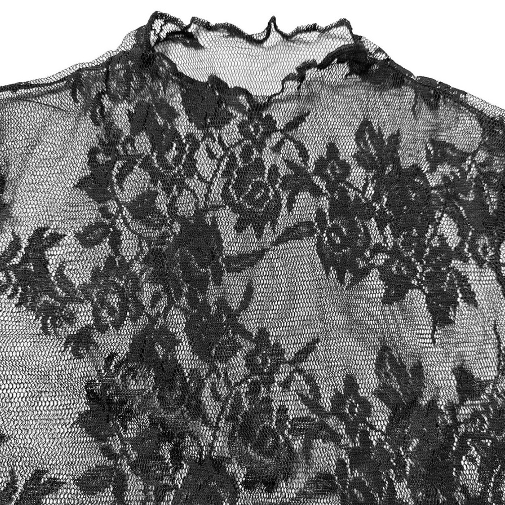 Completely Sheer floral lace long sleeve tee black lettuce trim edge mockneck - Picture 5 of 8